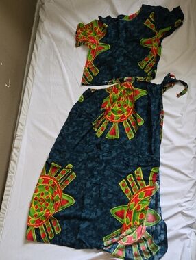 Maxi Dress Top And Tie Wrap Skirt Set with Red and Lime Green Graphic Print